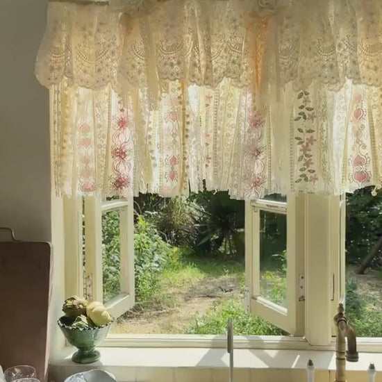Handmade Custom Beige Pink Embroidered Flowers Lace Valance, Farmhouse Country Kitchen Curtains, Shabby Chic Cafe Curtains, H-25inch (63cm)
