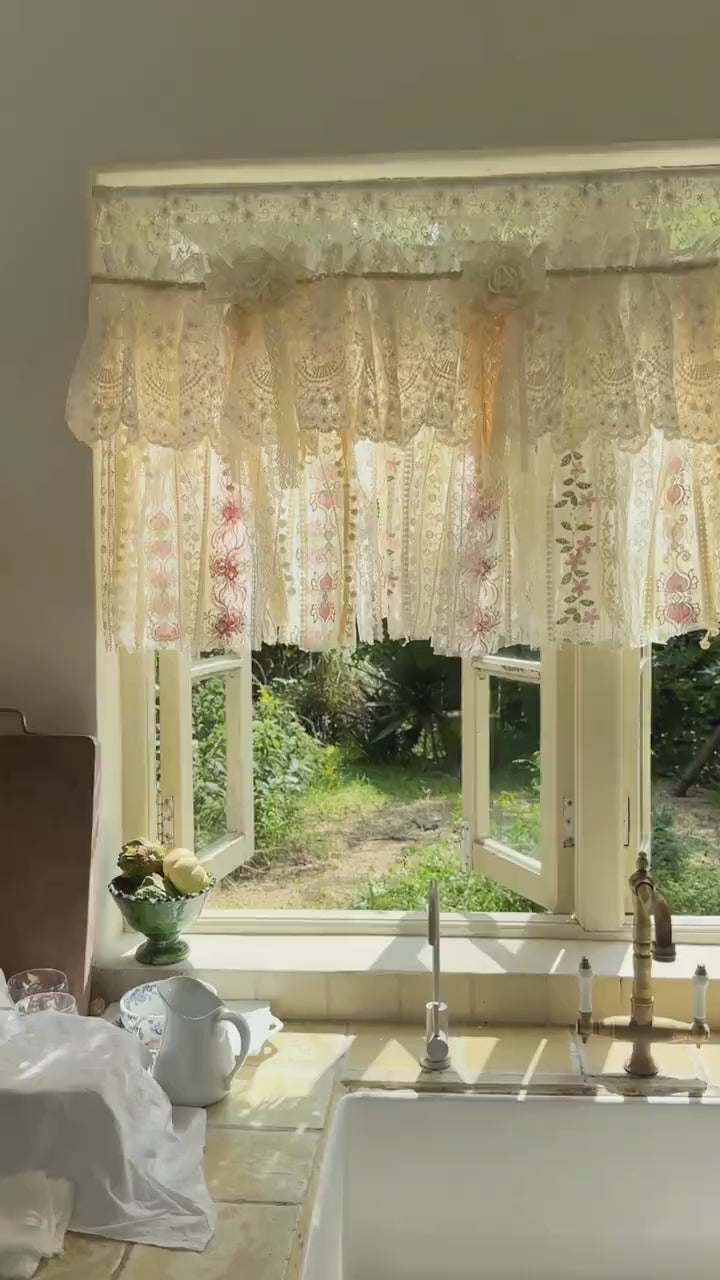 Handmade Custom Beige Pink Embroidered Flowers Lace Valance, Farmhouse Country Kitchen Curtains, Shabby Chic Cafe Curtains, H-25inch (63cm)