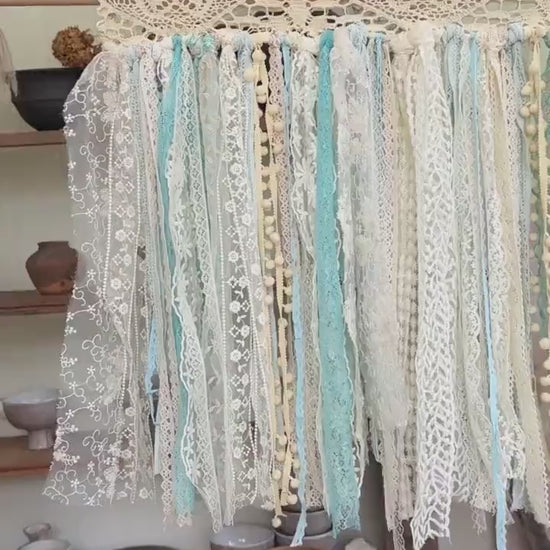 Sage Blue Green Tones Shabby Chic Lace Window Valance, Cottage Core Kitchen Cafe Curtain, Crochet Lace Half Curtains, Wedding Backdrop