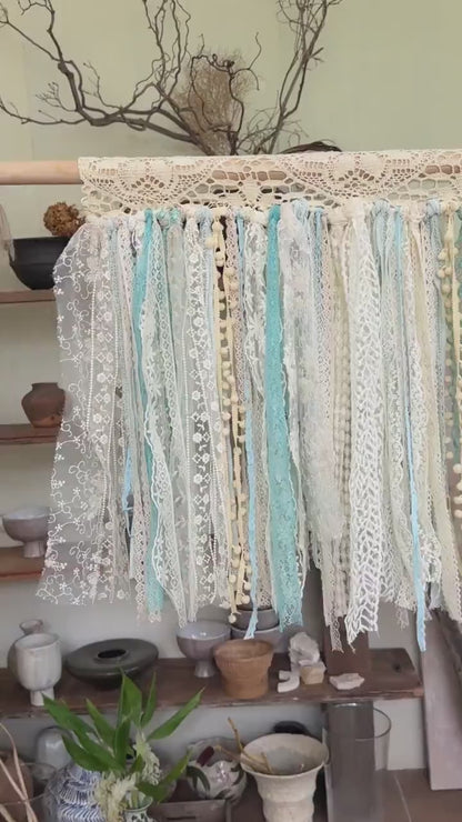 Sage Blue Green Tones Shabby Chic Lace Window Valance, Cottage Core Kitchen Cafe Curtain, Crochet Lace Half Curtains, Wedding Backdrop
