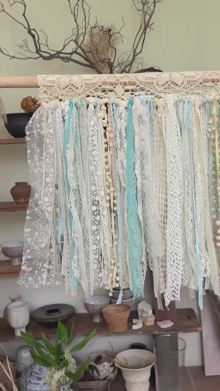 Sage Blue Green Tones Shabby Chic Lace Window Valance, Cottage Core Kitchen Cafe Curtain, Crochet Lace Half Curtains, Wedding Backdrop