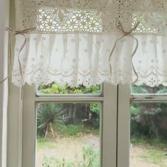 Shabby Chic Lace Tie Top Beige Crochet Valance, Victorian Window Topper for Cottage Farmhouse Decor, Kitchen Short Curtains, H-12inch (30cm)