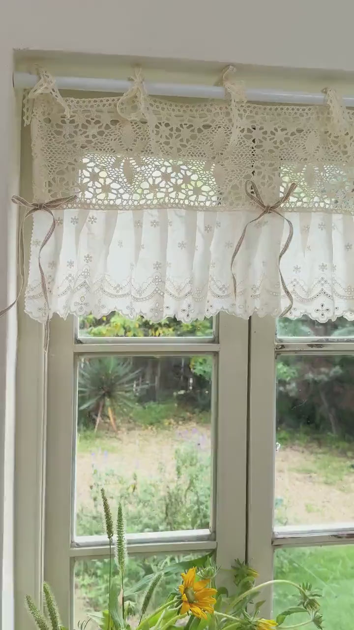 Shabby Chic Lace Tie Top Beige Crochet Valance, Victorian Window Topper for Cottage Farmhouse Decor, Kitchen Short Curtains, H-12inch (30cm)