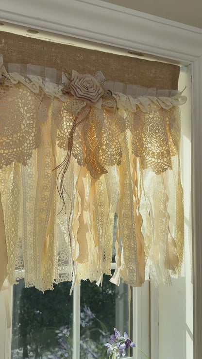 Rustic Burlap Beige Brown Lace Valance