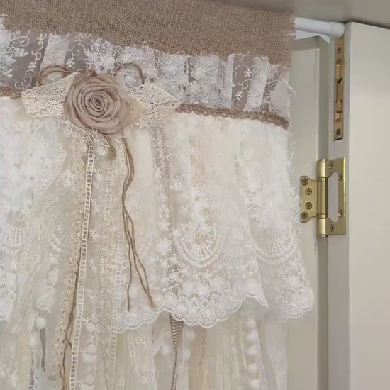 Rustic Unique Burlap Beige ivory Lace Bedroom Window Valance,Farmhouse Country Kitchen Curtain, Shabby Chic Cafe Curtains, H-25in(63cm)