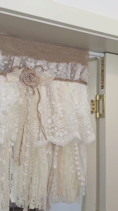 Rustic Unique Burlap Beige ivory Lace Bedroom Window Valance,Farmhouse Country Kitchen Curtain, Shabby Chic Cafe Curtains, H-25in(63cm)