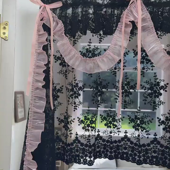 Shabby Chic Black & Pink Lace Curtains, Gothic Boho Window Curtains Valance, Lace Semi Blackout Curtains, Mysterious Black Lace Backdrop