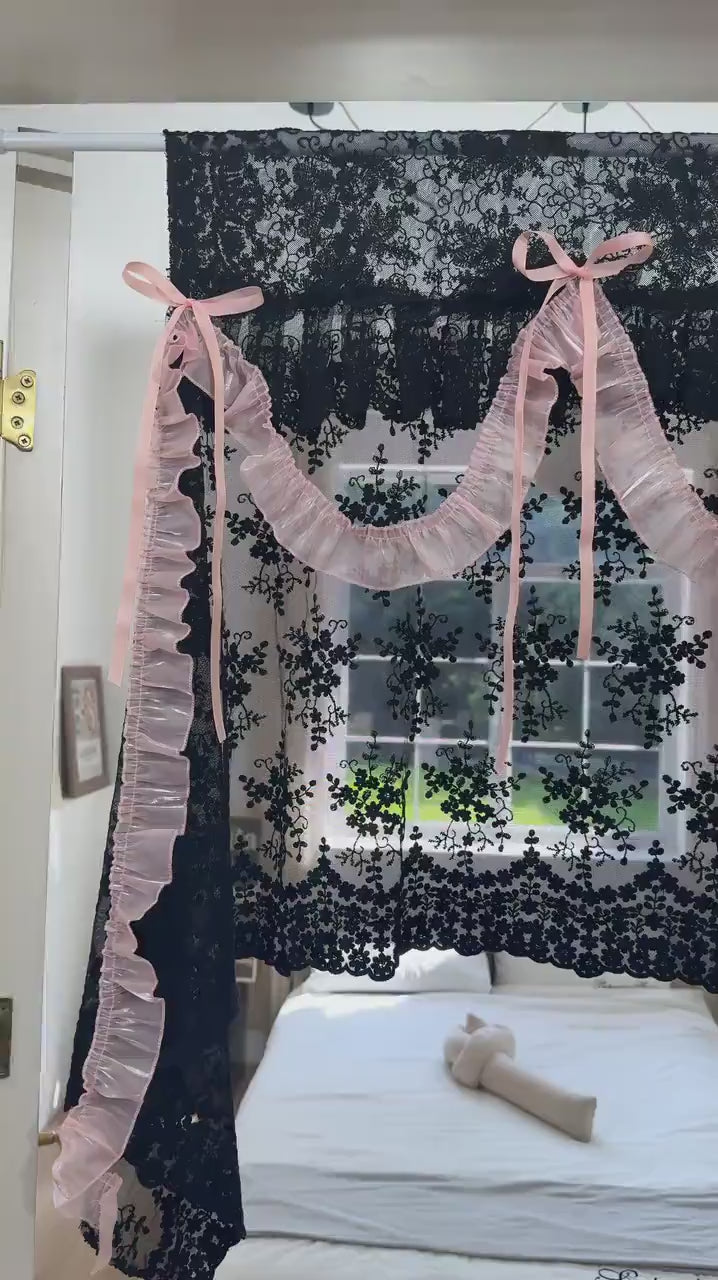 Shabby Chic Black & Pink Lace Curtains, Gothic Boho Window Curtains Valance, Lace Semi Blackout Curtains, Mysterious Black Lace Backdrop