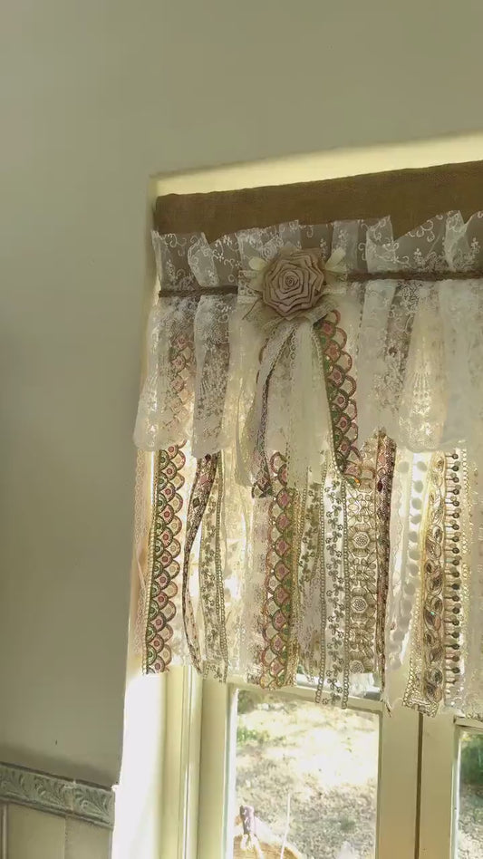 Custom Rustic Burlap Beige White Glod  Lace Valance, Boho Chic Vintage Kitchen Bedroom Decor, Shabby Chic Cafe Curtains, H-25in(63cm)