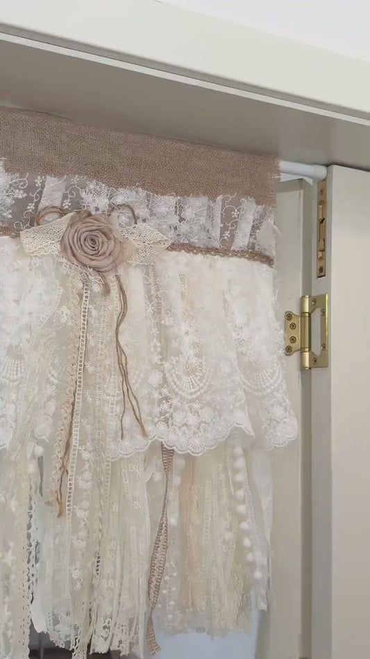 Rustic Unique Burlap Beige ivory Lace Bedroom Window Valance,Farmhouse Country Kitchen Curtain, Shabby Chic Cafe Curtains, H-25in(63cm)