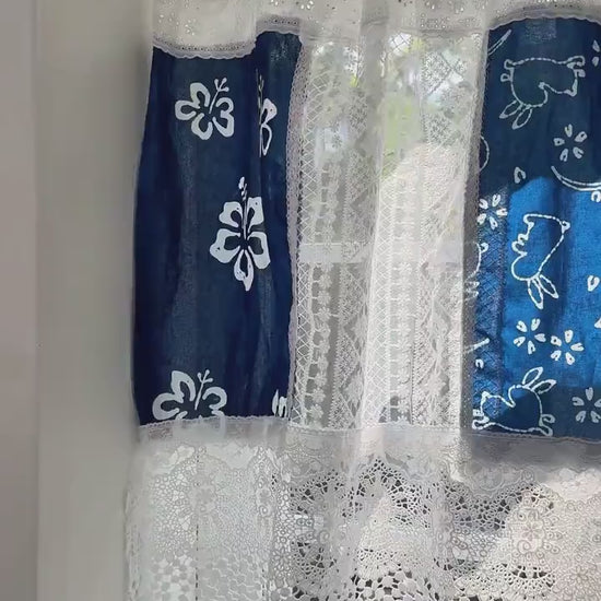 Handmade Tie-dye Blue White Embroidery Floral Lace Curtain Valance, Boho Hippie Curtain, Custom Room Decor Patchwork Curtains, H-27in(70cm)
