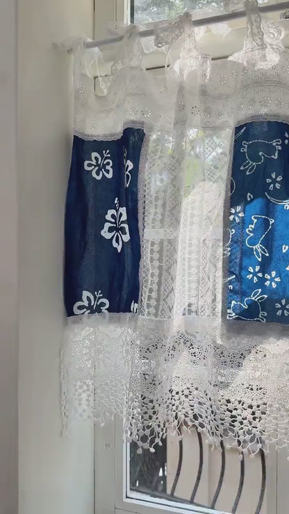 Handmade Tie-dye Blue White Embroidery Floral Lace Curtain Valance, Boho Hippie Curtain, Custom Room Decor Patchwork Curtains, H-27in(70cm)