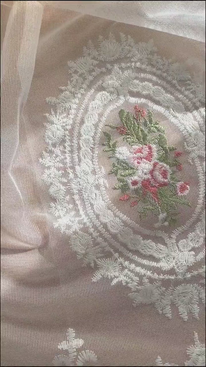 French Embroidery Rose Curtain: Rustic Linen Blend, Light Filtering