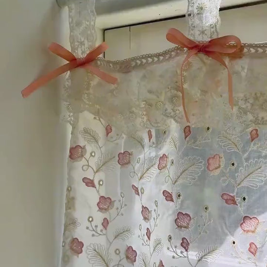 Pink Beige Embroidered Feather Cafe Curtains, Shabby Chic French Country Style Decor with Ruffled Lace Tab Top Valance, H-25inch (65cm)