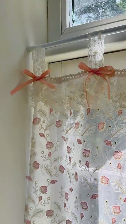 Pink Beige Embroidered Feather Cafe Curtains, Shabby Chic French Country Style Decor with Ruffled Lace Tab Top Valance, H-25inch (65cm)