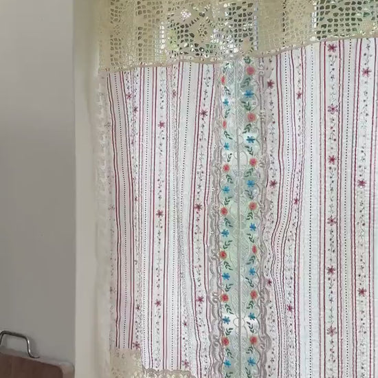 Vintage Handmade Patchwork Embroidered Floral Lace Curtain, Cottage Farmhouse Window Panel, Custom Boho Chic Elegant Colorful Fabric Curtain
