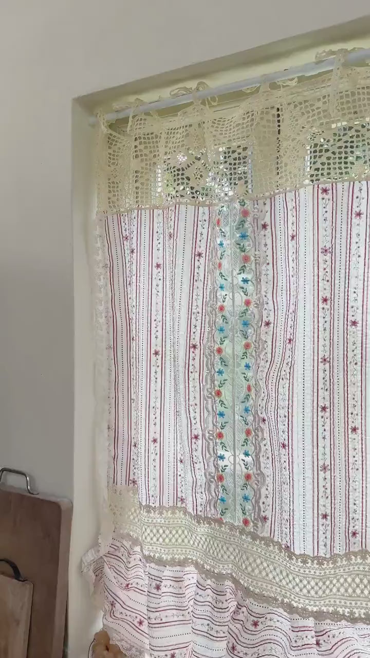 Vintage Handmade Patchwork Embroidered Floral Lace Curtain, Cottage Farmhouse Window Panel, Custom Boho Chic Elegant Colorful Fabric Curtain