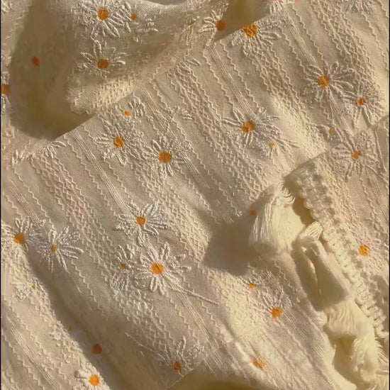Linen Cafe Short Curtain, Daisy Cabinet Curtain, Kitchen Hideaway Curtain, Yellow Orange White Daisy Flower Cotton Linen Curtain with Tassel