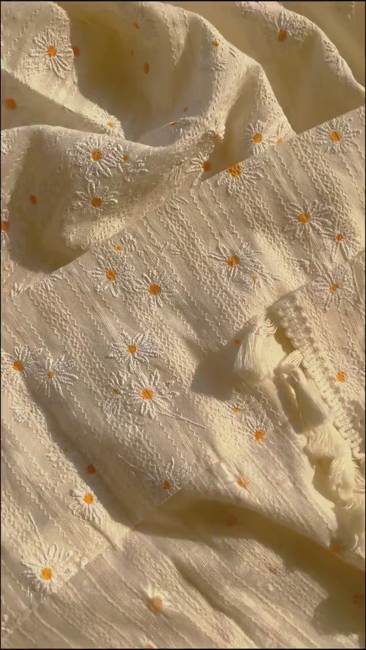Linen Cafe Short Curtain, Daisy Cabinet Curtain, Kitchen Hideaway Curtain, Yellow Orange White Daisy Flower Cotton Linen Curtain with Tassel