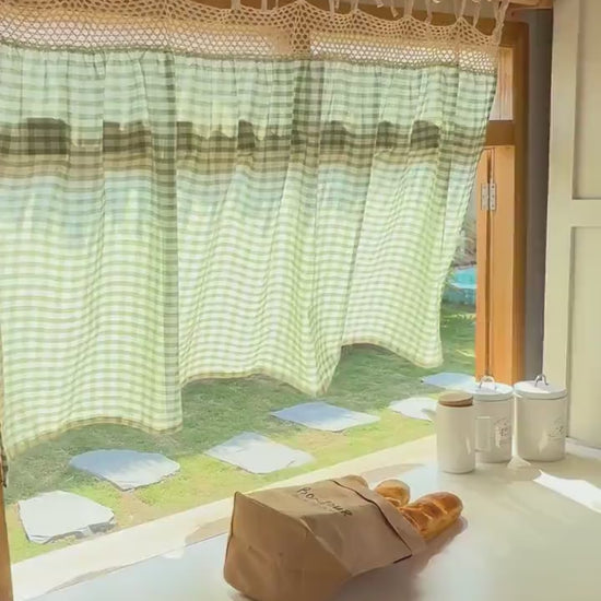Green Gingham Cafe Curtains: Crochet Linen Tie Top Valance