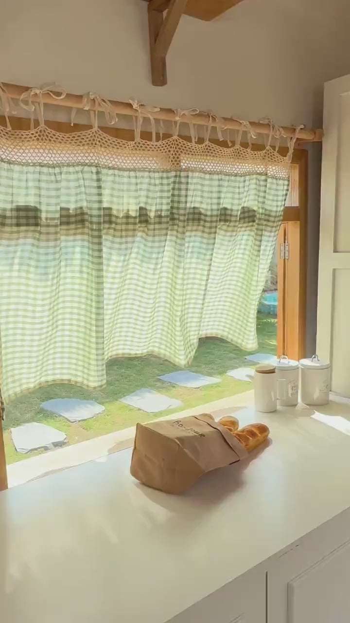 Green Gingham Cafe Curtains: Crochet Linen Tie Top Valance