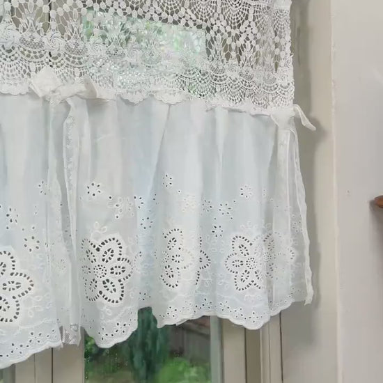 Vintage Lace Kitchen Curtain,Tab Top Window Valance,French Country White Embroidered Short Curtain,Farmhouse Decor for Bedroom,H-22in (55cm)