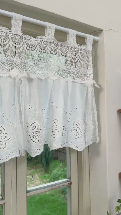 Vintage Lace Kitchen Curtain,Tab Top Window Valance,French Country White Embroidered Short Curtain,Farmhouse Decor for Bedroom,H-22in (55cm)