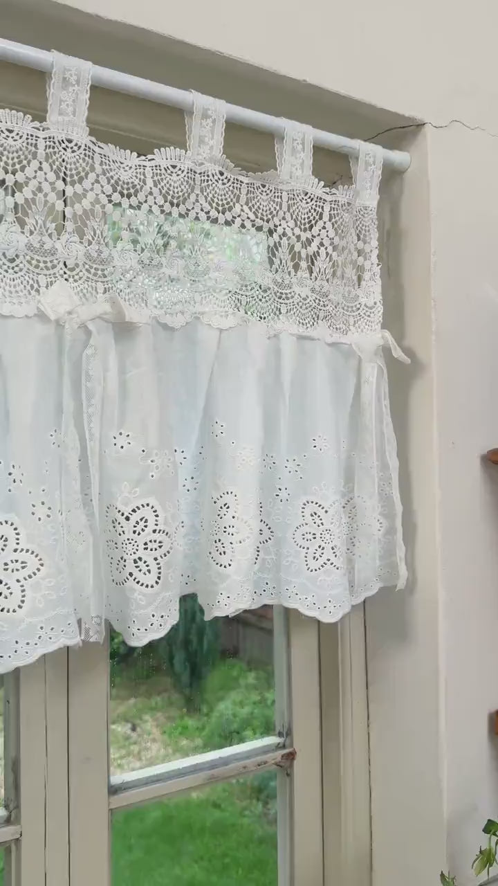 Vintage Lace Kitchen Curtain,Tab Top Window Valance,French Country White Embroidered Short Curtain,Farmhouse Decor for Bedroom,H-22in (55cm)