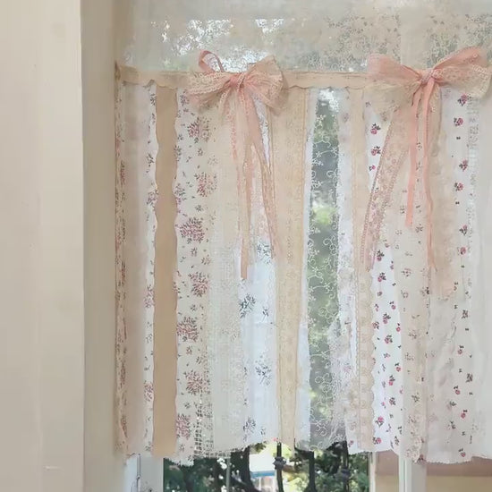 Mediterranean Floral Fabric Patchwork Lace Pink Rosette Fringed, Wall Beautiful Hanging, Embroidery Floral Patchwork Curtain, H-27in (70cm)