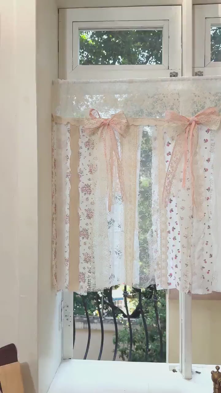 Mediterranean Floral Fabric Patchwork Lace Pink Rosette Fringed, Wall Beautiful Hanging, Embroidery Floral Patchwork Curtain, H-27in (70cm)