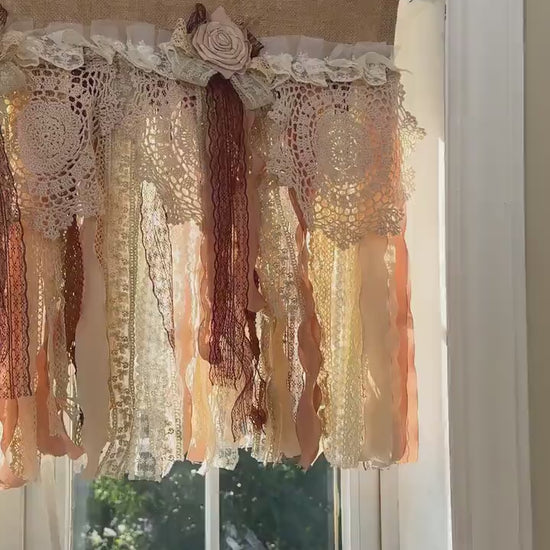 Rustic Unique Burlap Beige Brown Lace Bedroom Valance, Farmhouse Kitchen Curtain, Shabby Chic Cafe Curtain, Window Treatments, H-25in(63cm)