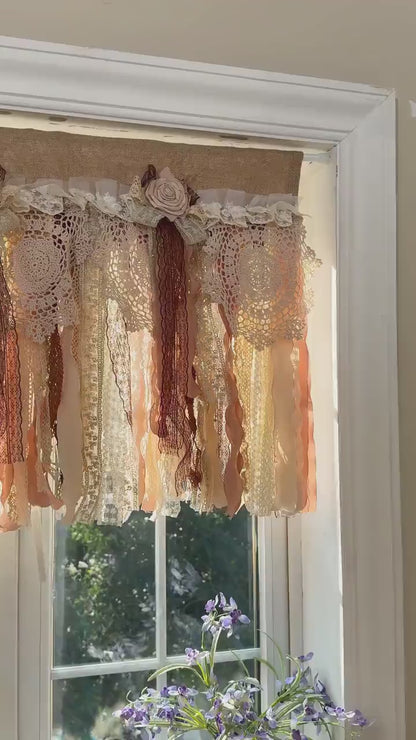 Rustic Unique Burlap Beige Brown Lace Bedroom Valance, Farmhouse Kitchen Curtain, Shabby Chic Cafe Curtain, Window Treatments, H-25in(63cm)