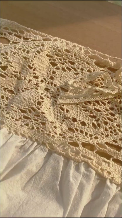 White Lace Cafe Linen Curtains, Rustic Shabby Chic French Country Style Lace Window Curtains, Lace-up Crochet Lace Curtains, Kitchen Drapery