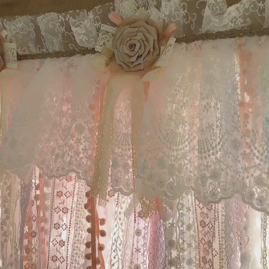 Rustic Unique Burlap White Beige Pink Lace Bedroom Window Valance,Farmhouse Country Kitchen Curtain, Shabby Chic Cafe Curtains, H-25in(63cm)