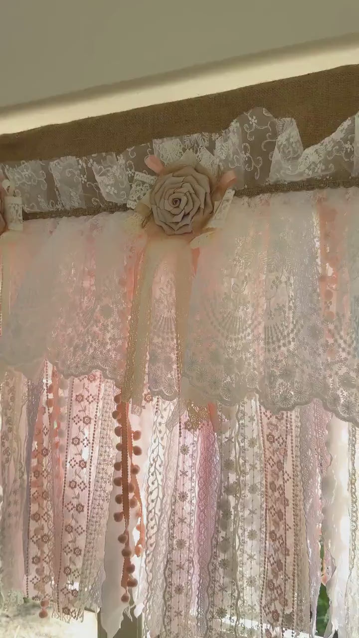 Rustic Unique Burlap White Beige Pink Lace Bedroom Window Valance,Farmhouse Country Kitchen Curtain, Shabby Chic Cafe Curtains, H-25in(63cm)