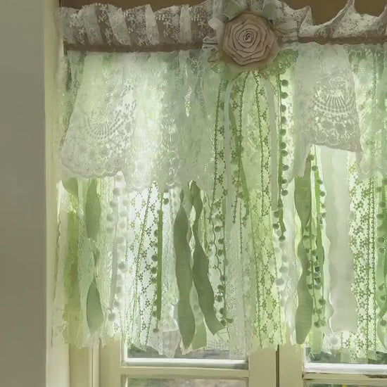 Custom Rustic Unique Burlap White Green Lace Bedroom Valance, Window Kitchen Swag Curtains, Shabby Chic Cafe Curtain, H-25inch (63cm)