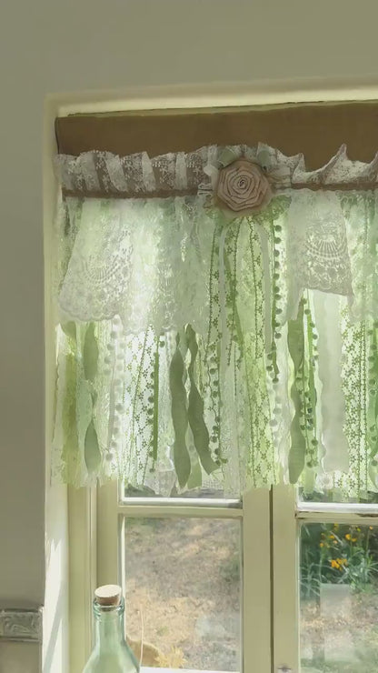 Custom Rustic Unique Burlap White Green Lace Bedroom Valance, Window Kitchen Swag Curtains, Shabby Chic Cafe Curtain, H-25inch (63cm)