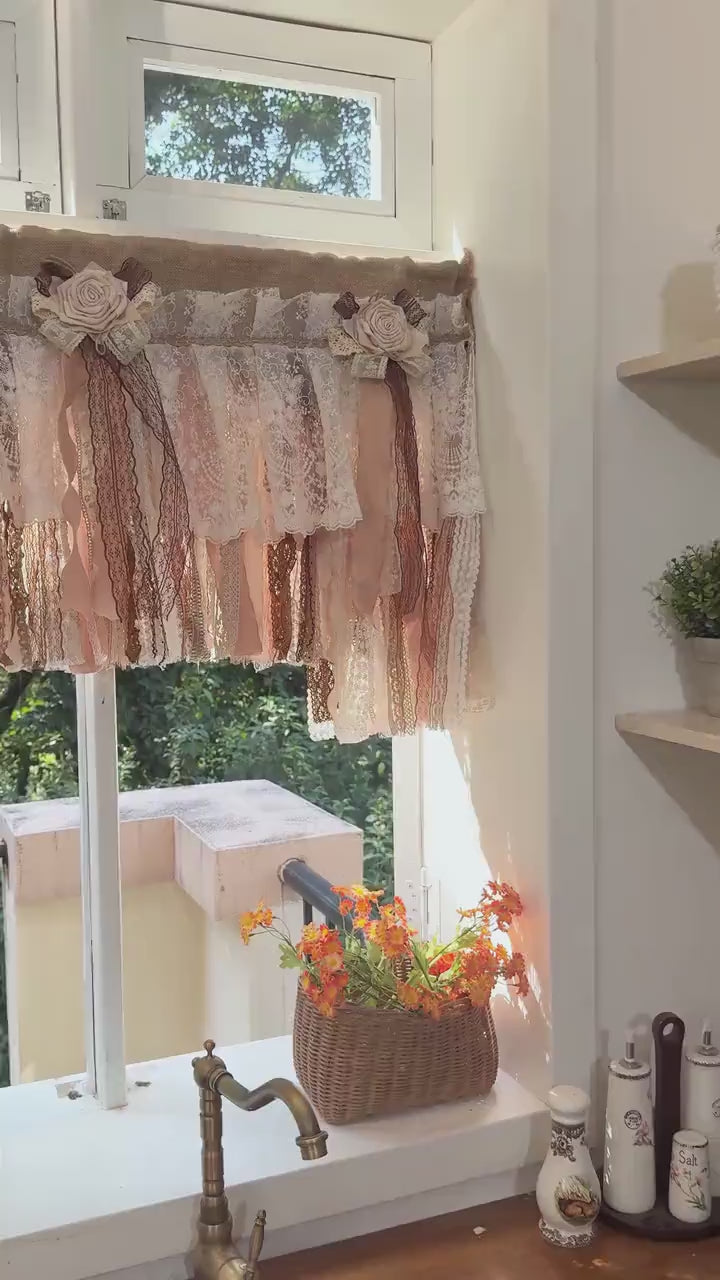 Custom Rustic Unique Burlap Beige Brown Lace Bedroom Valance, Farmhouse Country Kitchen Curtains, Shabby Chic Cafe Curtain, Custom Sizes