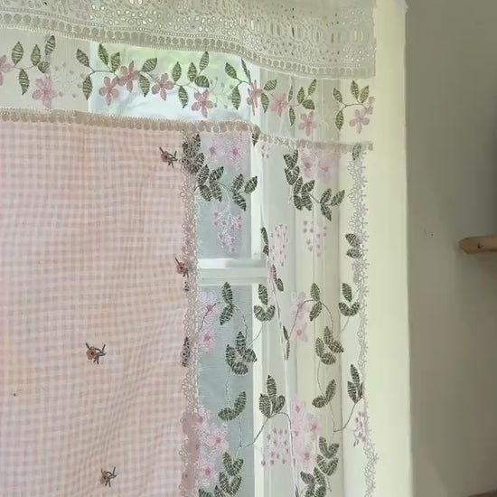 Handmade Floral Lace Curtain Valance, Shabby Chic Pink Cottage Rustic Farmhouse Backdrop, Beautiful Elegant Colorful Fabric Lace Curtains