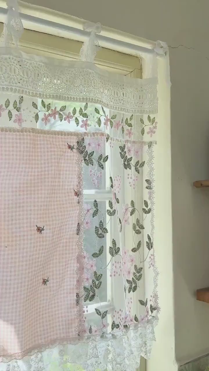 Handmade Floral Lace Curtain Valance, Shabby Chic Pink Cottage Rustic Farmhouse Backdrop, Beautiful Elegant Colorful Fabric Lace Curtains