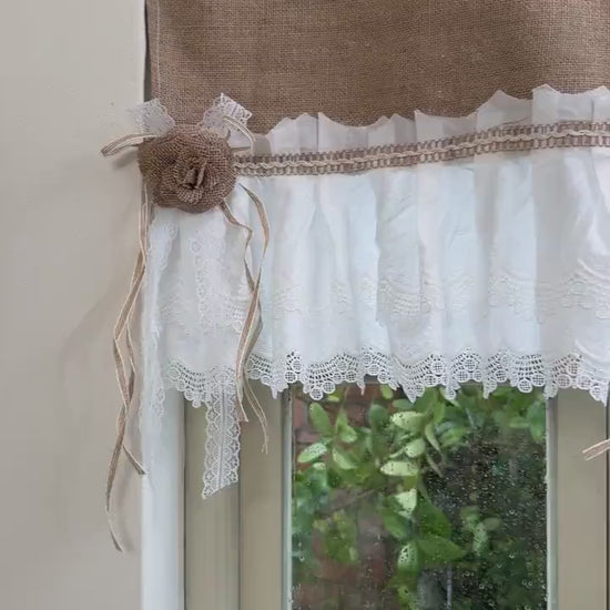 Rustic Cottage Window Curtains, Burlap Shabby White Lace Farmhouse Valance, Cafe Curtain, Kitchen Window Treatment, H-14inch (36cm)