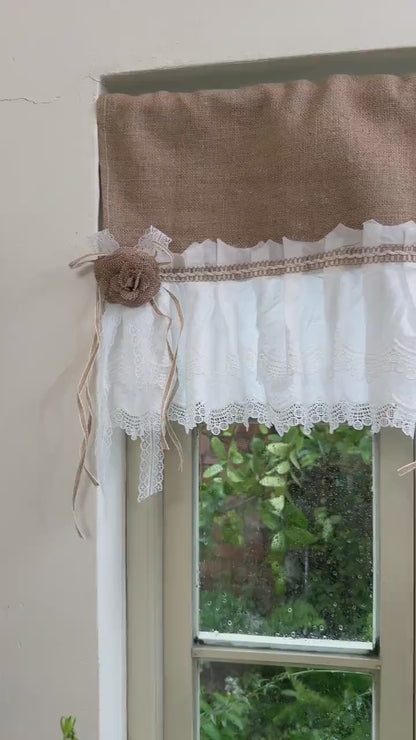 Rustic Cottage Window Curtains, Burlap Shabby White Lace Farmhouse Valance, Cafe Curtain, Kitchen Window Treatment, H-14inch (36cm)