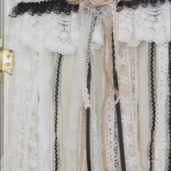 Custom Rustic Unique Burlap Beige Black Lace Valance, Bedroom Window Kitchen Curtain,Shabby Burlap Beige Lace Cafe Curtain, H-25inch (63cm)