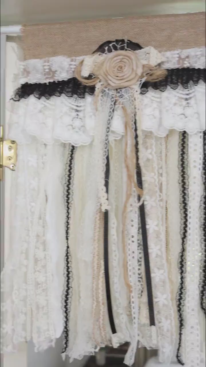 Custom Rustic Unique Burlap Beige Black Lace Valance, Bedroom Window Kitchen Curtain,Shabby Burlap Beige Lace Cafe Curtain, H-25inch (63cm)