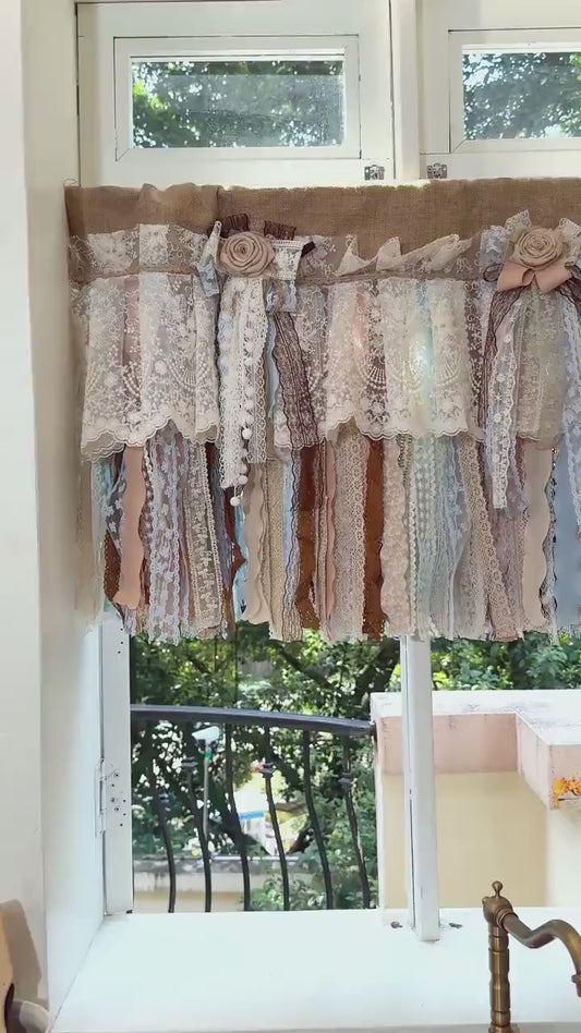 Custom Rustic Unique Burlap Beige Brown Blue Lace Valance, Farmhouse Country Kitchen Curtains, Shabby Chic Cafe Curtains, H-25inch (63cm)