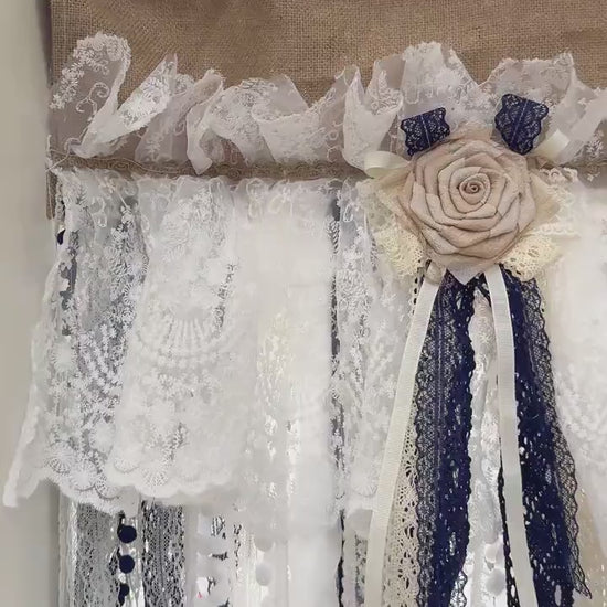 Custom Rustic Unique Burlap Beige White Navy Blue Lace Valance, Farmhouse Country Kitchen Curtain, Shabby Chic Cafe Curtains,H-25inch (63cm)