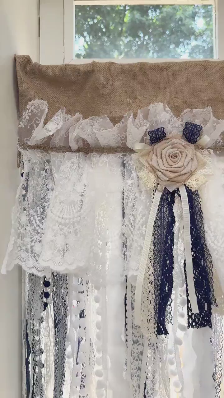 Custom Rustic Unique Burlap Beige White Navy Blue Lace Valance, Farmhouse Country Kitchen Curtain, Shabby Chic Cafe Curtains,H-25inch (63cm)