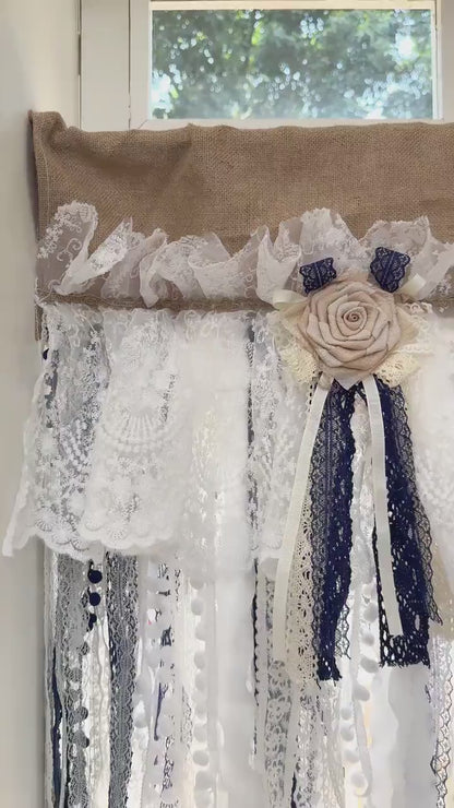 Custom Rustic Unique Burlap Beige White Navy Blue Lace Valance, Farmhouse Country Kitchen Curtain, Shabby Chic Cafe Curtains,H-25inch (63cm)