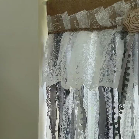 Custom Rustic Unique Burlap White Curtain, Gray Lace Valance Bedroom Valance, Kitchen Swag, Shabby Chic Cafe Curtains Panel, H-25inch (63cm)