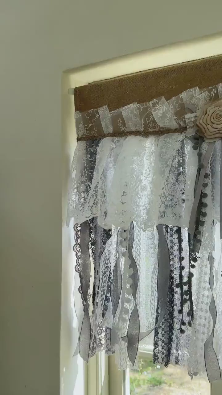 Custom Rustic Unique Burlap White Curtain, Gray Lace Valance Bedroom Valance, Kitchen Swag, Shabby Chic Cafe Curtains Panel, H-25inch (63cm)